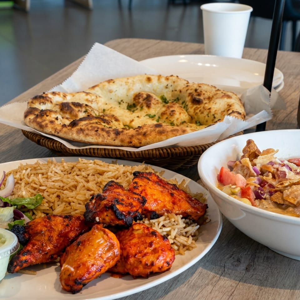Mediterranean meal with grilled chicken, seasoned rice, salad, creamy dip, flatbread, and chopped vegetable salad on a restaurant table.